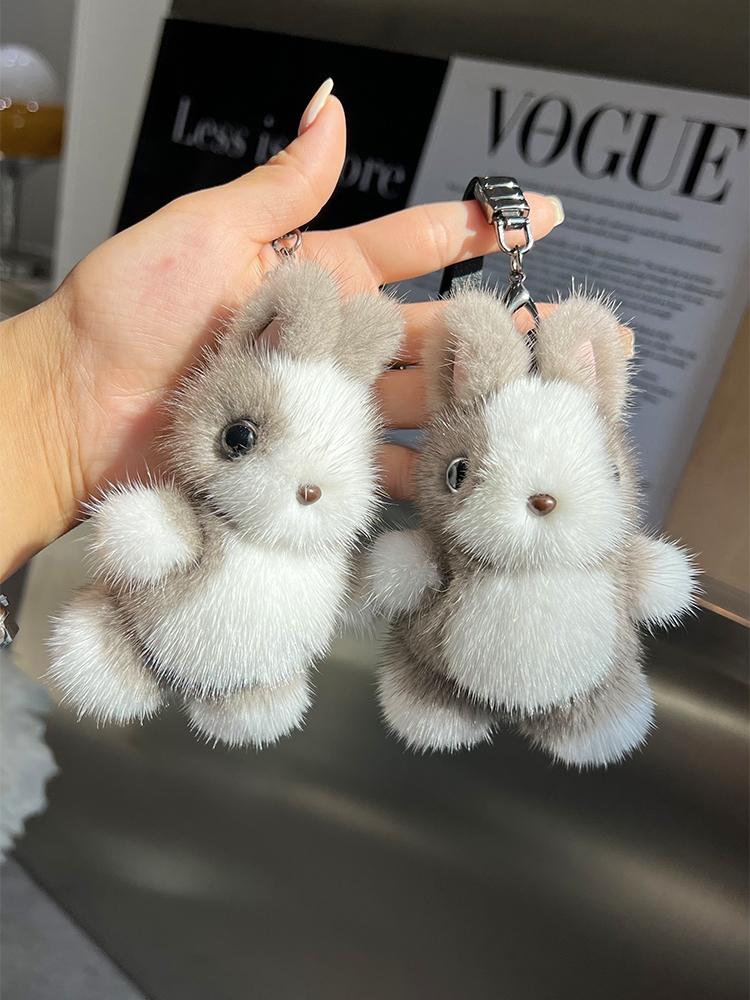 Cute Rabbit Real Mink Fur Key Chains Plush Bunny Toy Girls Schoolbag Charm Ornaments Women Car Keyrings Rearview Mirrors Pendant