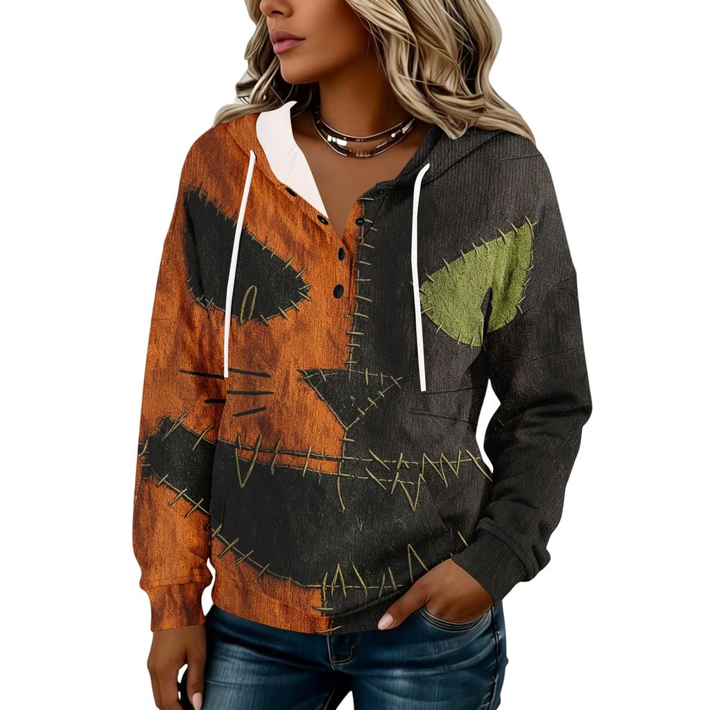 Women's Fashion Hooded Halloween Print Sweatshirt with Buttons for Festive