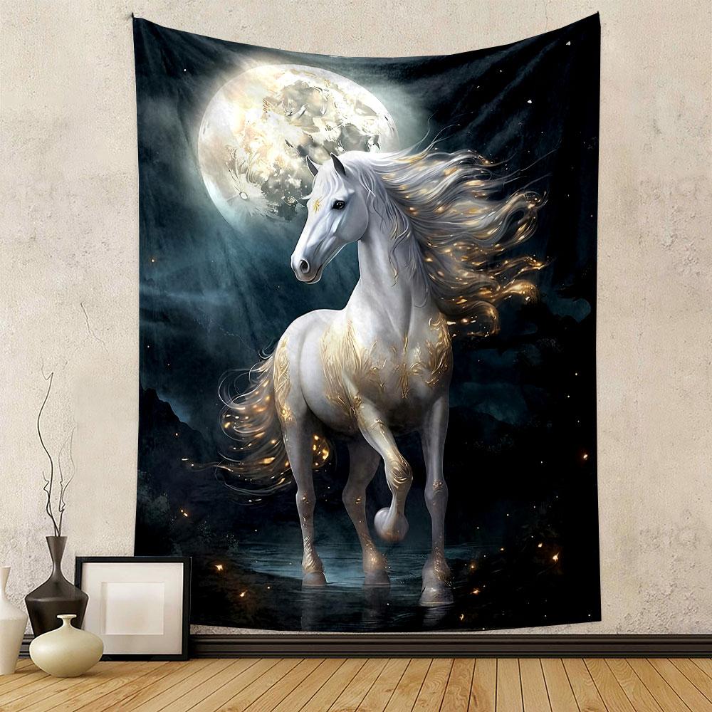 Majestic White Horse Under Moonlight Patterned tapestry home decor, suitable for bedroom and living room, gift
