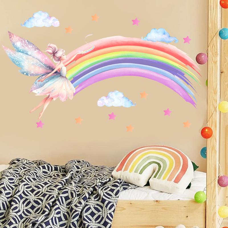 Cartoon Elf Meisje Regenboog Muursticker Meisjeskamer Wolk Elf Muursticker Kinderkamer Decoratie