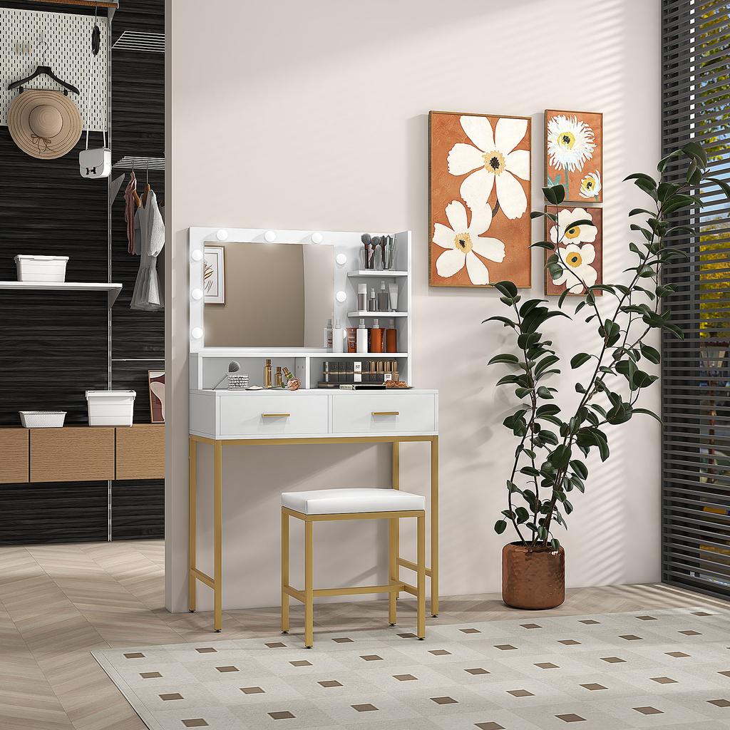 Schminktisch mit Spiegel, 2 Schubladen, 5 Regalen und Hocker, aus MDF und Spanplatte, 80x40x138 cm, Weiß