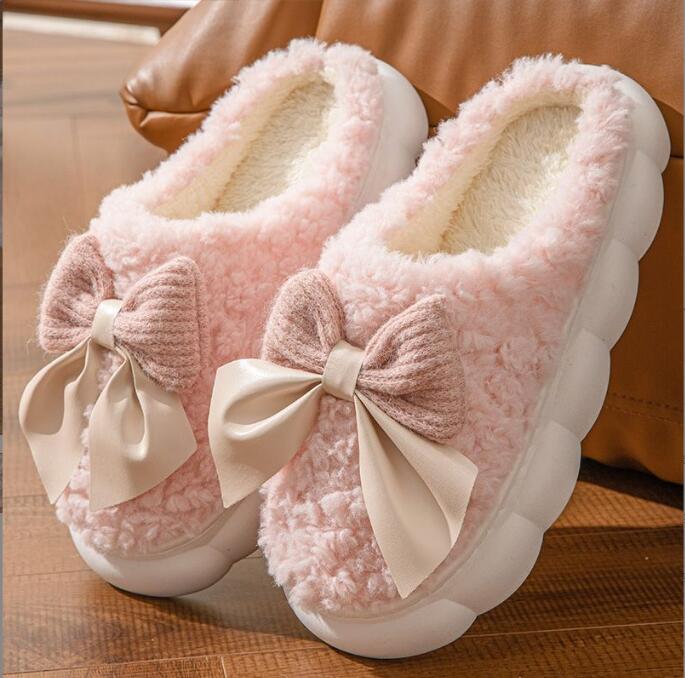 Winter Warm Fur Slippers for Women Cute Bow House Soft Shoes Comfort Flat Heel Home Indoor Bedroom Plush Slippers