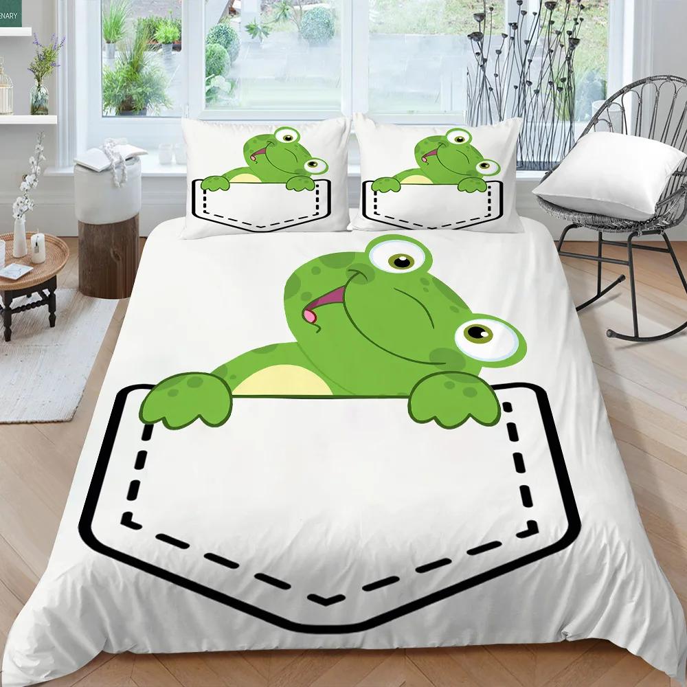 Cartoon Frog Duvet Cover Set King/Queen Size Reptile Animal Theme Bedding Set Cute Green Frog Polyester Comforter Cover for Kids