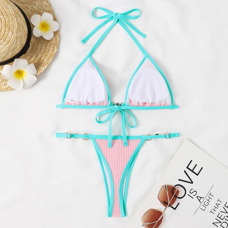 Damen Neongelb Kontrastbesatz Bikini-Set mit Perlenketten-Detail, Krepp-Textur Zweiteiliger Badeanzug