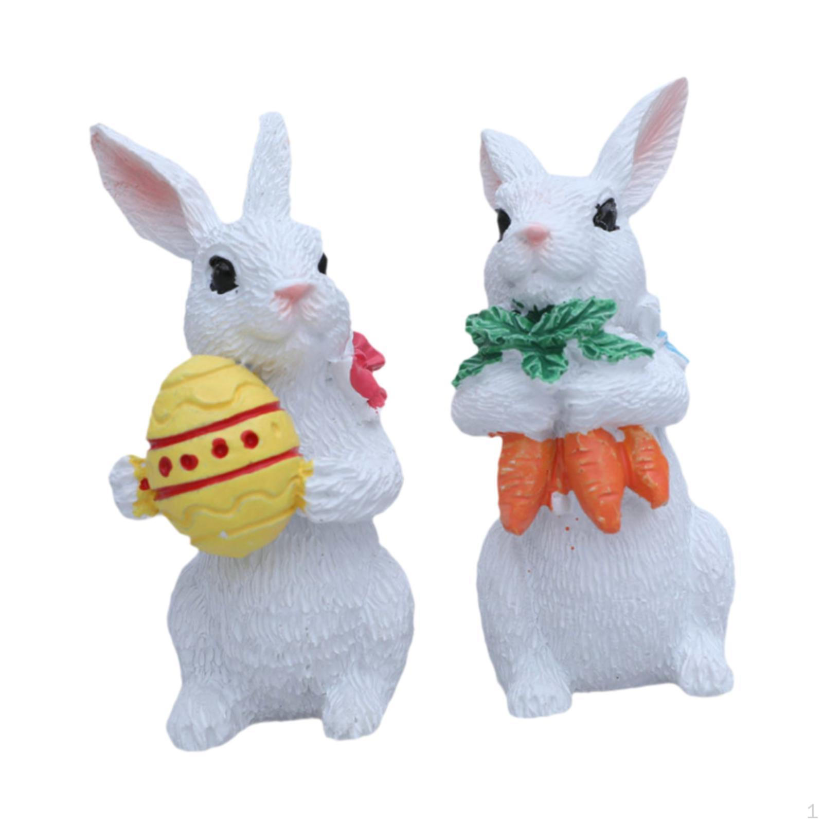 2 Pieces Easter Bunny Figurine Decor Resin Small Desk Ornament Sculpture Statue Holding Egg
