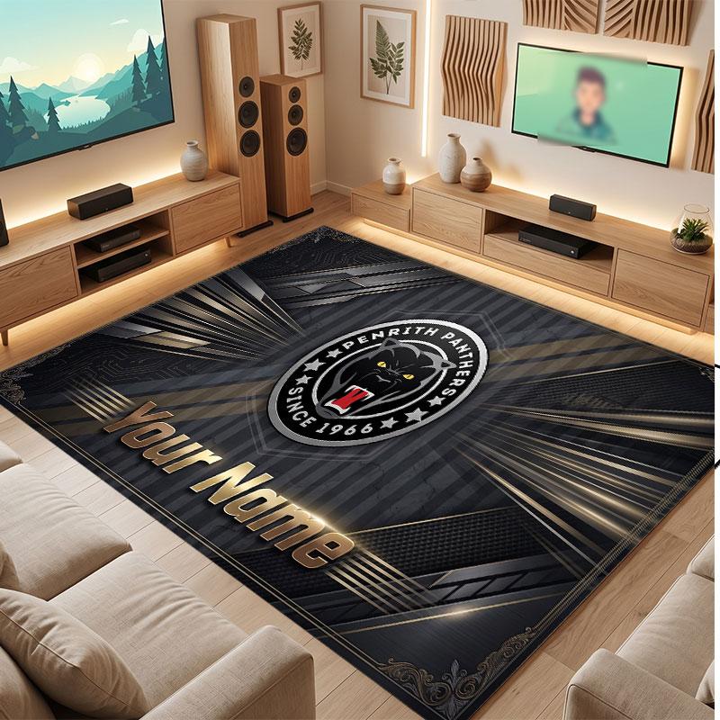 Penrith Panthers Personalized Crystal Velvet Carpet, Customized Name Text Soft Anti‑Slip Rug for Living Room Bedroom