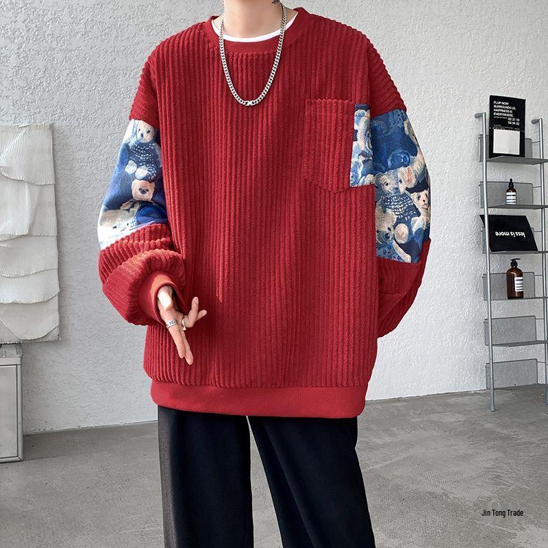 Men's White Corduroy Hoodie with Little Bear Embroidery, Heavyweight Plus Velvet, New Chinese Style, Thickened for Autumn/Winter.