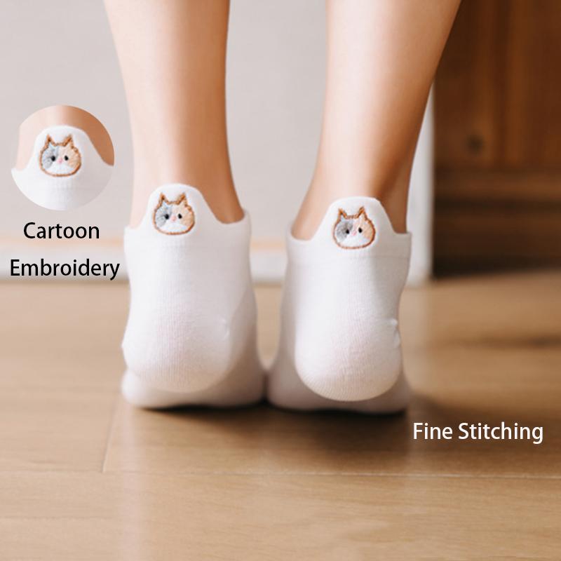 5/10 Pairs Women's Ankle Socks Cartoon Embroidery Cat Funny Short Socks Fashion No-Show Low Cut Soft Casual Female Boat Socks