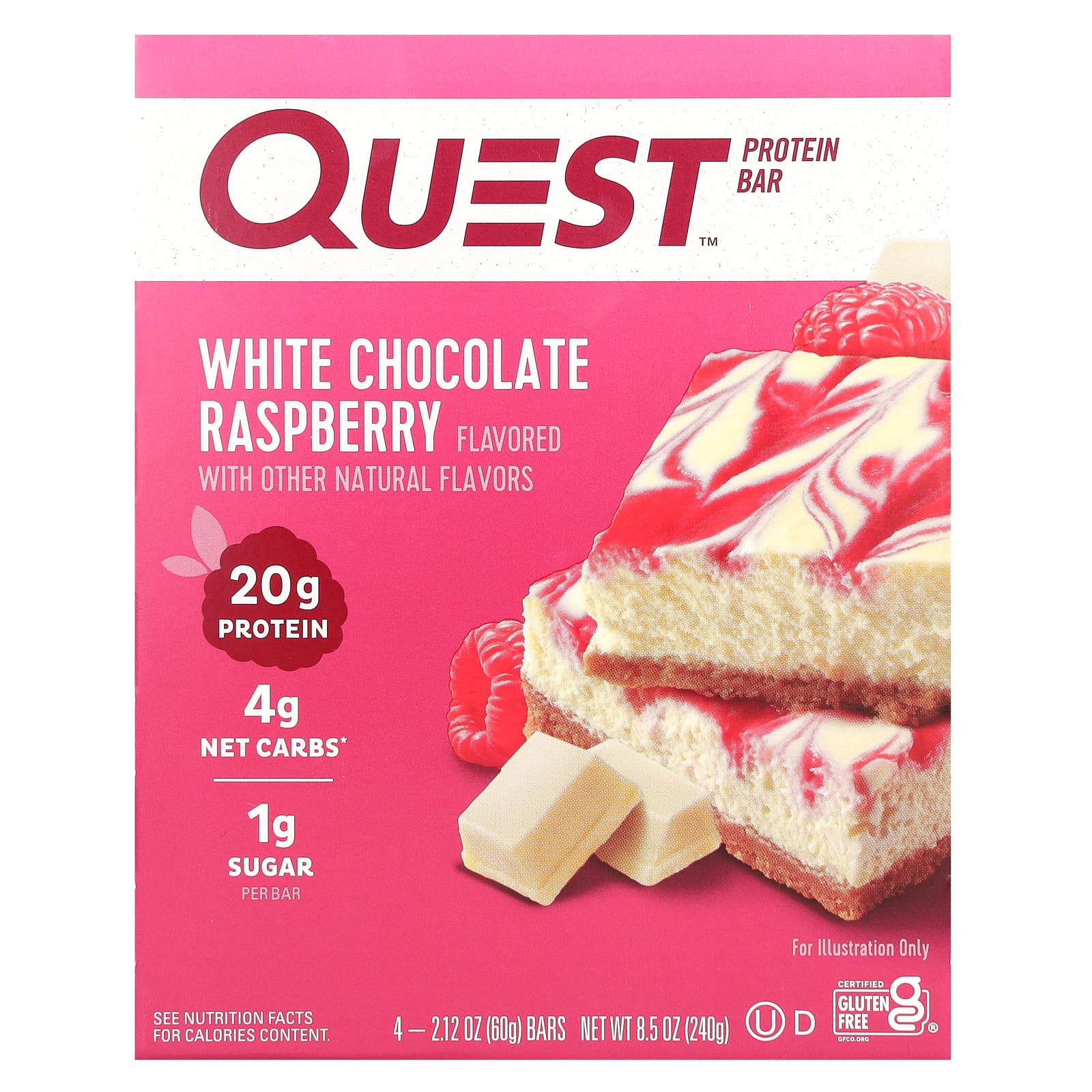

Quest Nutrition, Protein Bar, White Chocolate Raspberry, 4 bars, 60 g (2.12 oz) each