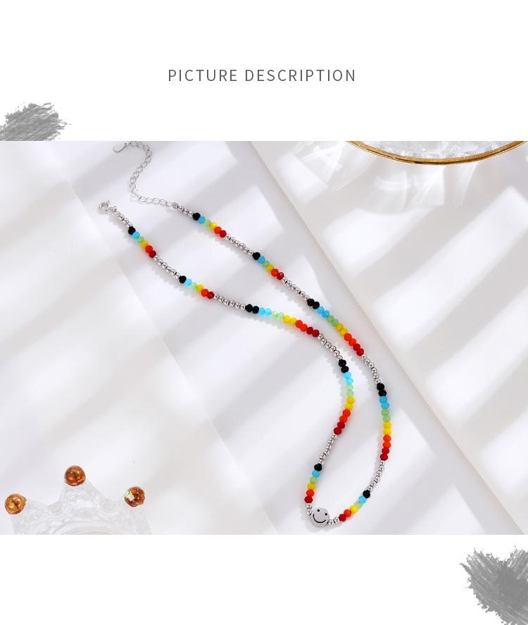 Korean Style S925 Sterling Silver Smiley Face Rainbow Necklace - Niche Beaded Clavicle Chain for Women