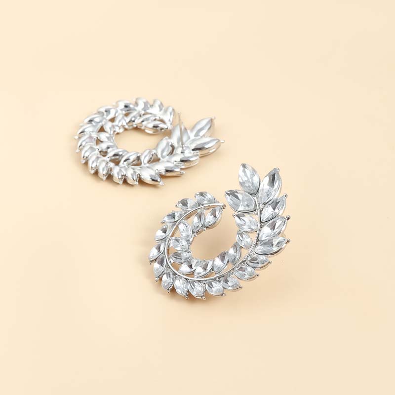 Luxury Full Rhinestone Leaf Stud Earrings For Women Exaggerated Big Circle Round Statement Earrings Wedding Jewelry Gift