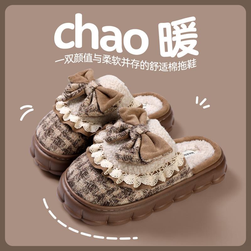 Bow cotton slippers 2025 new indoor home thick-bottomed velvet thermal bag and slippers winter