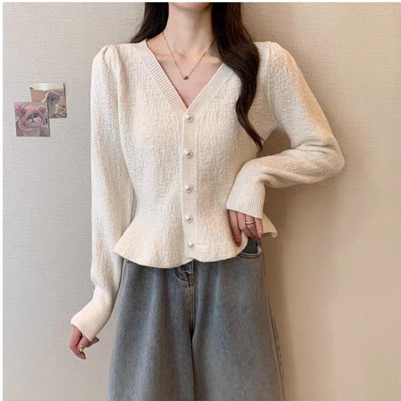 Spring Mermaid Hem Knitted Cardigan Top Women's New Korean Fashion Long Sleeved Pearl Buckle V-neck Sweater Jacket Women