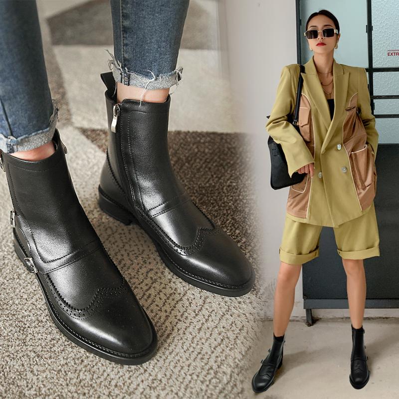 Fashion 2025 winter new full leather low-heeled women's boots retro fashion all-match essential women's short boots pointed ankle boots
