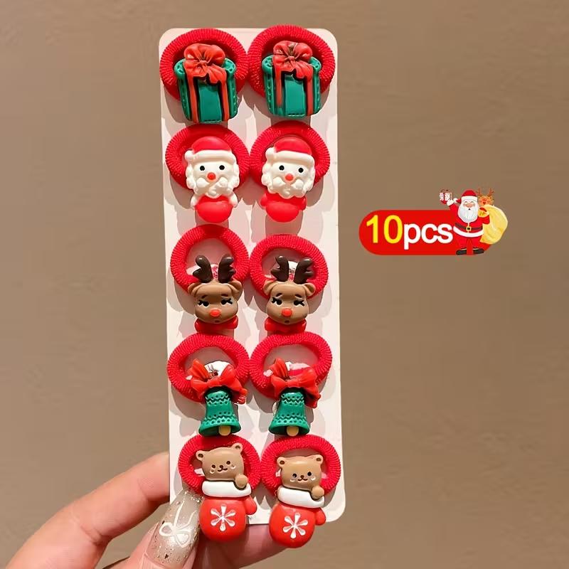 10PCS Kids Girls Christmas Hair Ties Cute Santa Claus Reindeer Design Festive Hair Accessories Holiday Parties Decorations