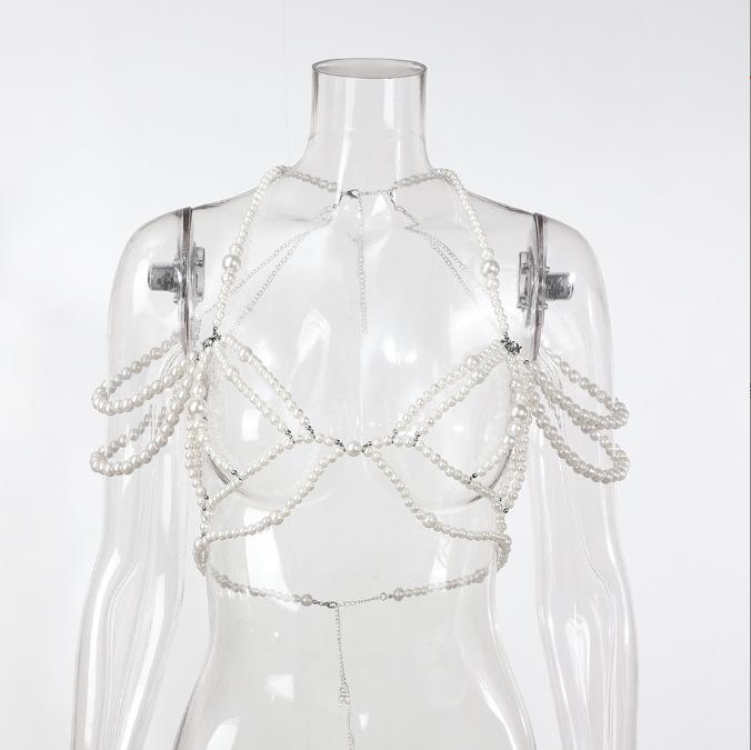 XH26918 Women's Sexy Halterneck Camisole with Faux Pearl Multi-Layer Chest Chain