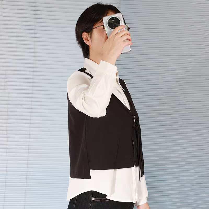 Women's Plus Size French Style Tummy Concealing Two-Piece Long Sleeve Vest Shirt