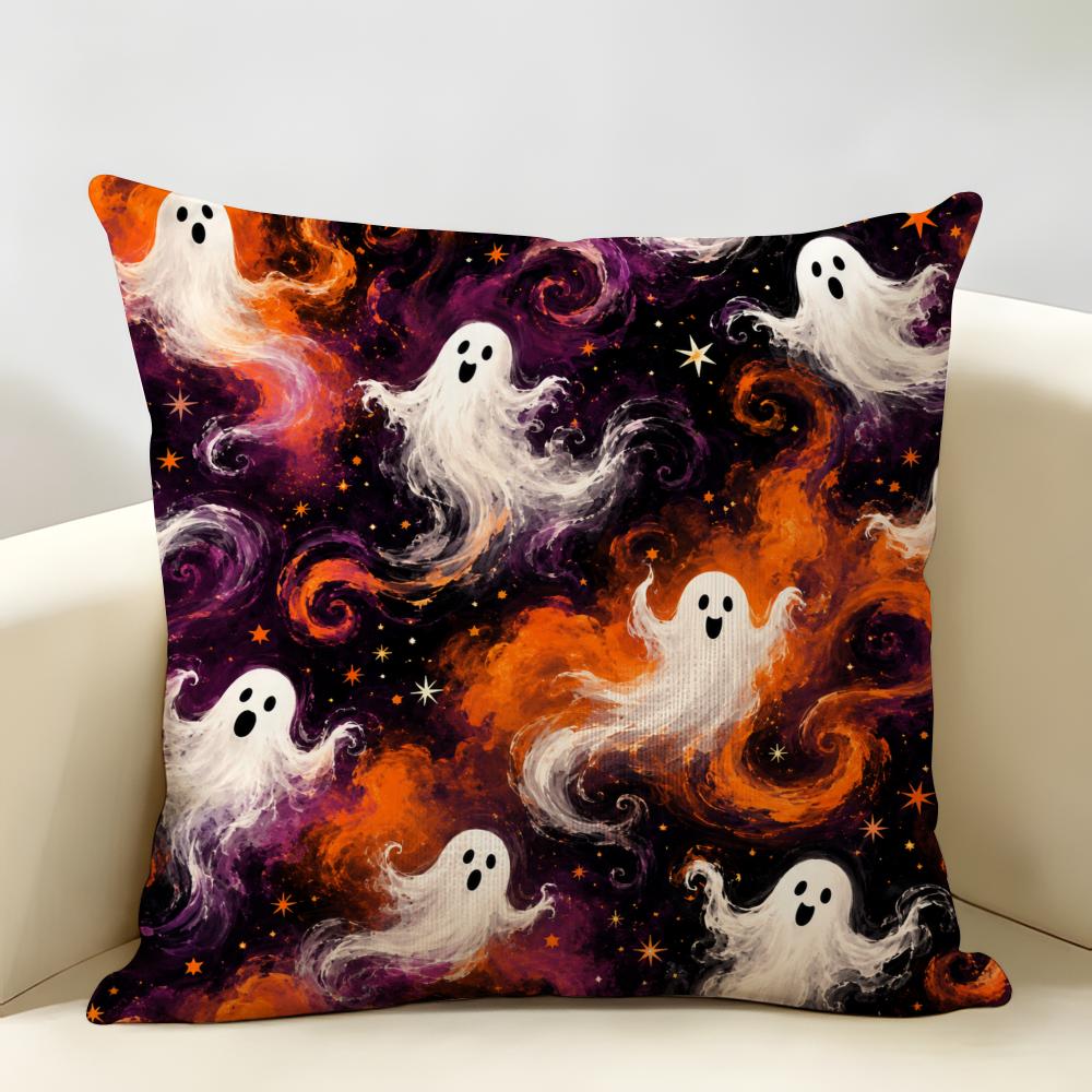 Ghosts Halloween Cushion Cover Natural Linen Organic Fabric Double-Sided Printing Breathable Perfect For Home Decor