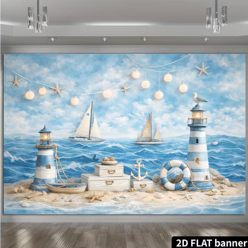 2D Printed Backdrop with Lighthouses, Sailboats, Starfish, and Beach Treasures