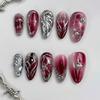 24PCS Y2k Gothic Almond Press On Nails Dark Red French False Nails Sweet Cool Silver Heart Patterns Fake Nails for Spice Girls