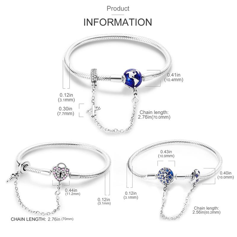 17-20CM 925 Silver Plate Pink Heart Lock Aircraft Earth Bracelet With Safety Chain Fit DIY Charms Beads Fine Birthday Jewelry