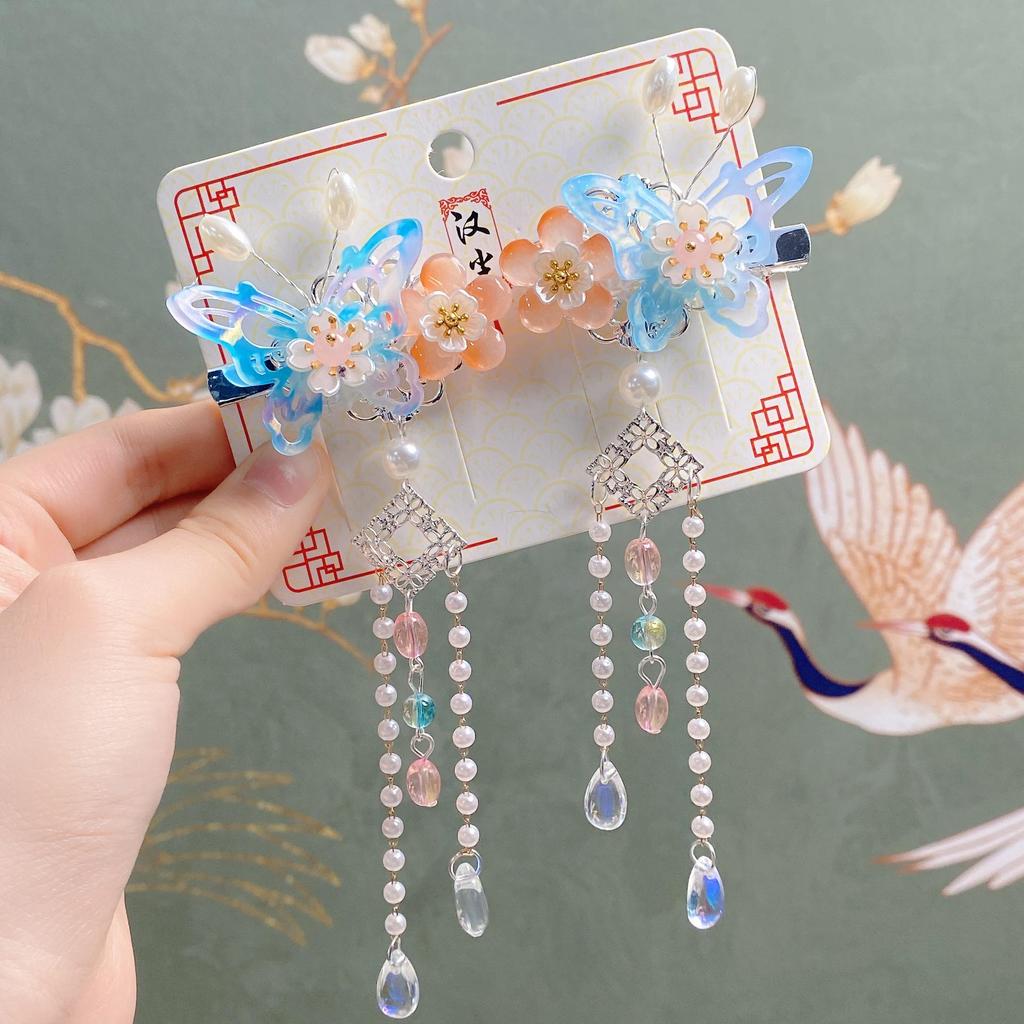 Han Chen Jewelry: Girls' Hanfu Headwear - Butterfly Flower Tassel Clips for Ancient Costume