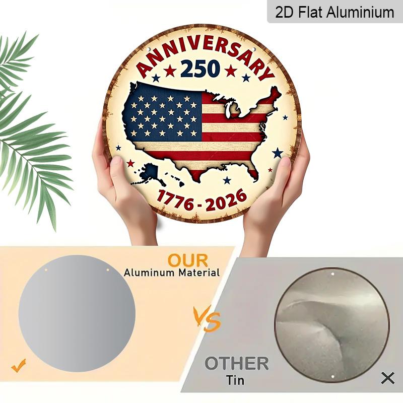 2D Flat, 1pc Round Aluminum America 250th Anniversary Sign - Freedom 250 Round Wall Decor with Flag & Fireworks Design, 1776-2026 Independence Day