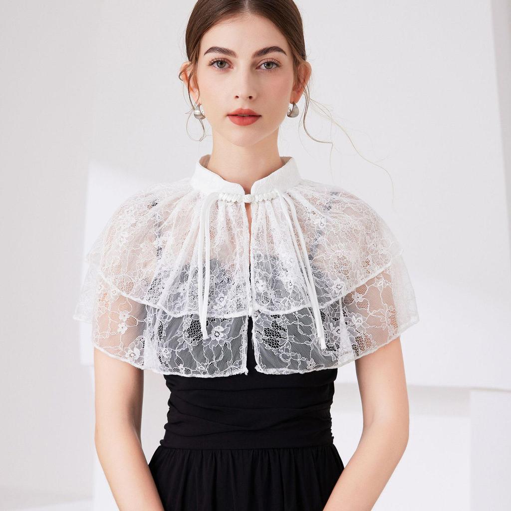 2024 Elegant Chinese Style Lace Cape & Cheongsam Cardigan with Cloud Shoulder Collar