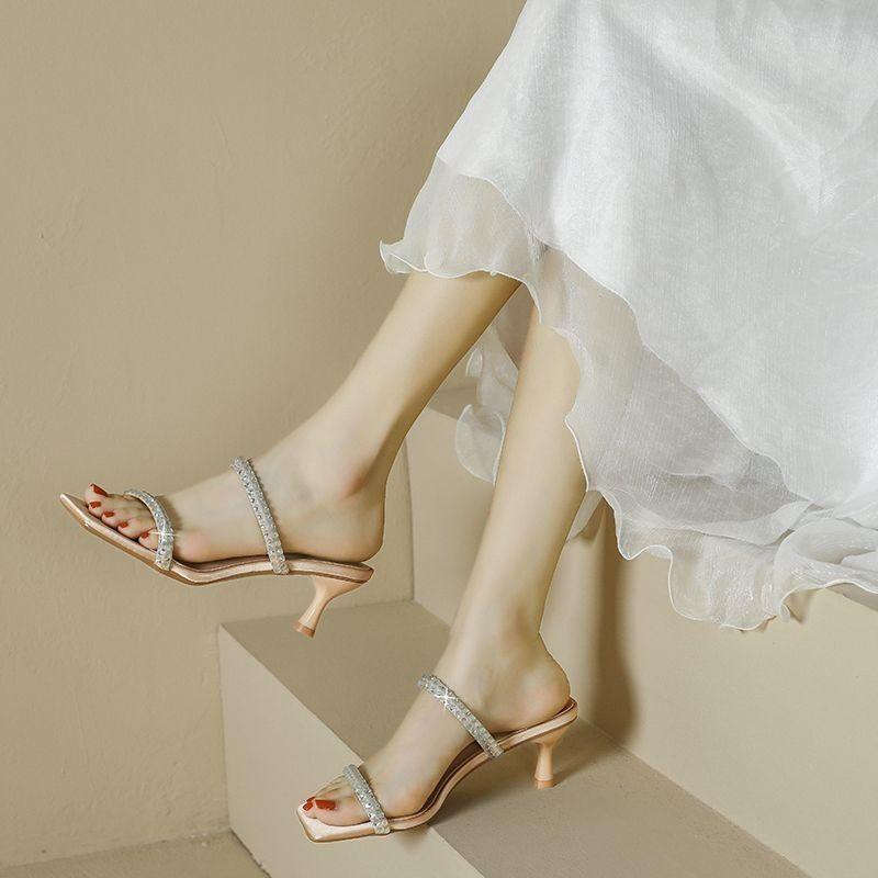 Rhinestone Square Head Thin Heel with Sandals Women's Summer 2025 New Wear European and American Niche High-end Single Shoes