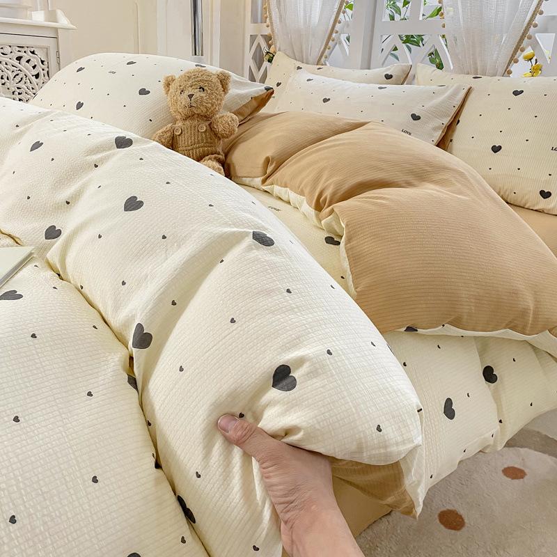 Class A Maternal Infant Grade Small Fresh Super Soft Bubble Cotton 4-Pcs Set Washed Cotton Quilt Cover Dormitory 3-Pcs Set Bed Hat