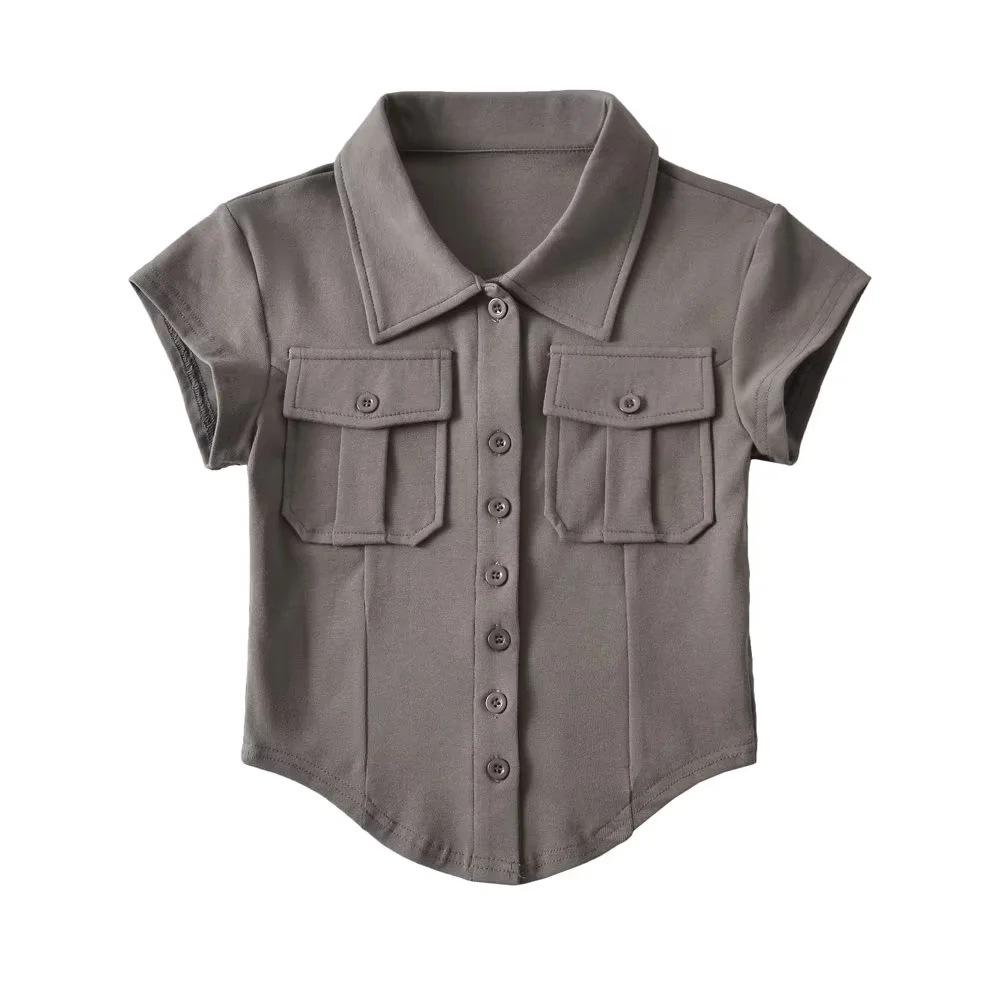 Double Pocket POLO Collar Short Sleeved Women'S New Curved Hem Irregular Top Single Breasted T-Shirt