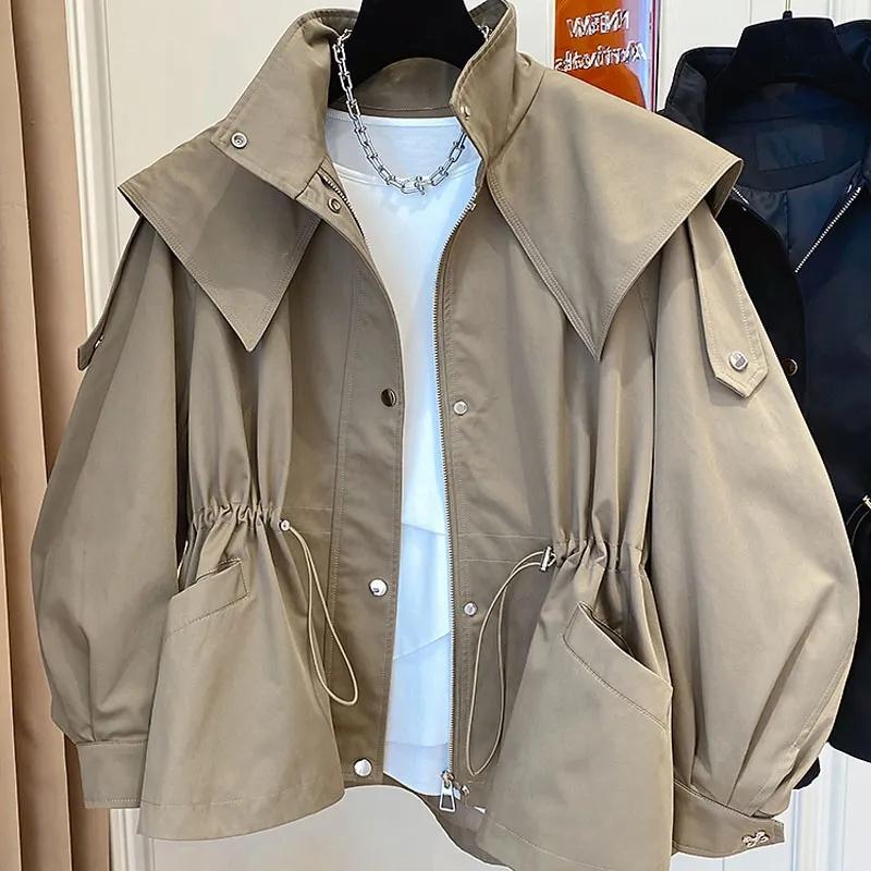 Vår Høst Oversized Casual Vanntett Khaki Vindjakke Dame Langermet Hette Snøring Glidelåsjakke
