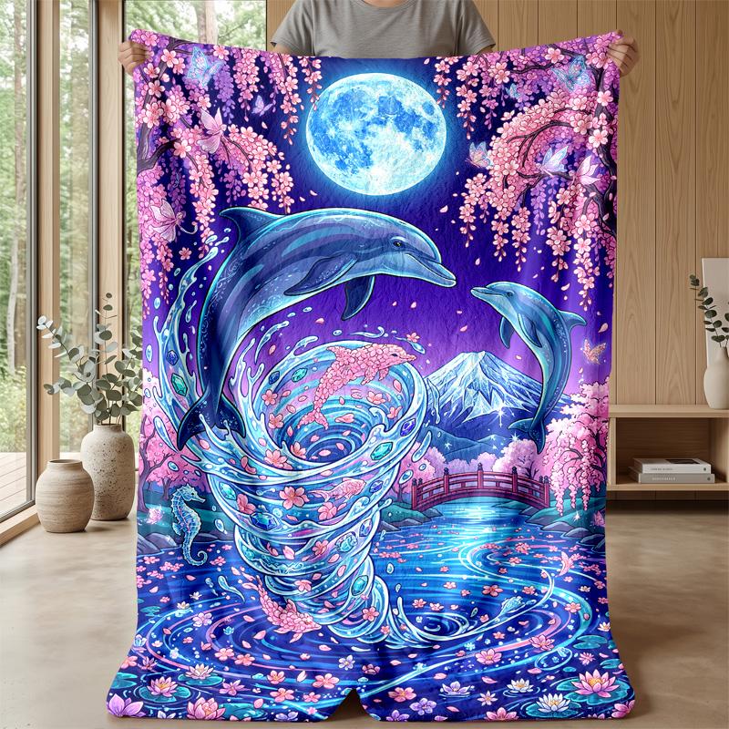Dolphins Leaping at Sunset Theme blanket Lightweight Warm Flannel Blanket Decorative Throw Blanket for Home Decoration