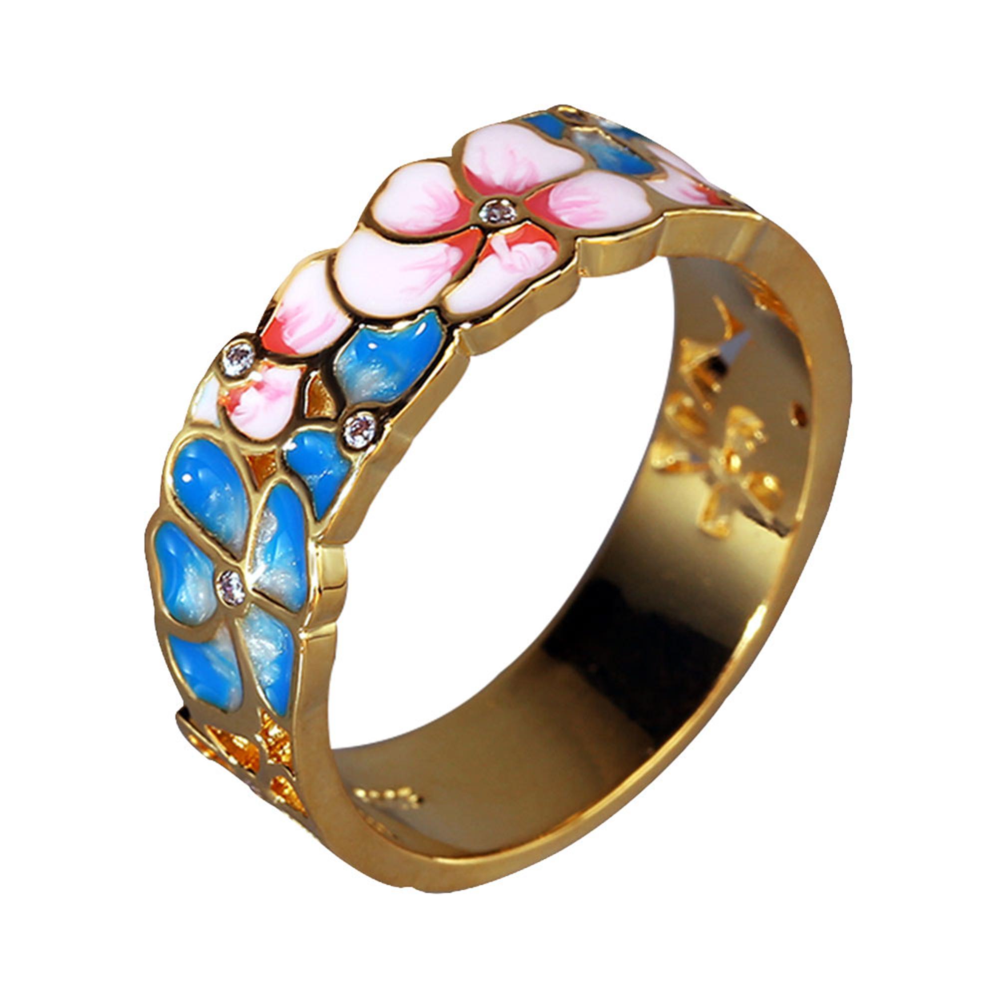 

Изысканное и элегантное серебряное женское кольцо с цветочной эмалью, посеребренное кольцо 925 пробы, розовое, синее, эпоксидное, обручальное, свадебное украшение 7