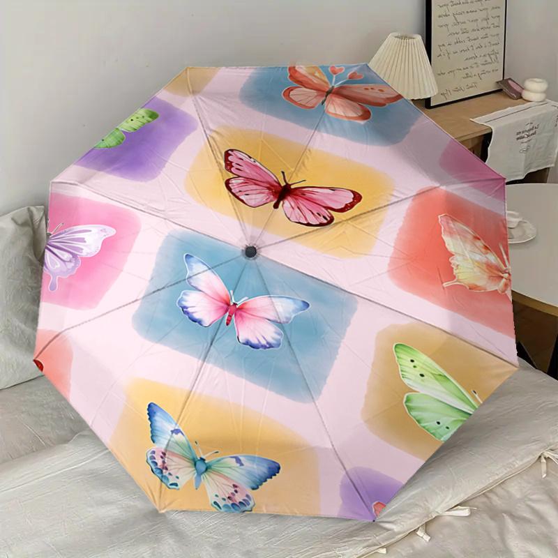 Colorful Butterfly Print Automatic Opening/Closing Umbrella with Foldable Design, Iron Frame Outdoor Rain Gear for Festivals, Travelers, Dai