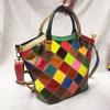 Borsa da Donna in Pelle Retro Wind Pelle Colorata Rombi Giuntati Borsa a Mano in Pelle di Mucca Borsa a Tracolla Borsa