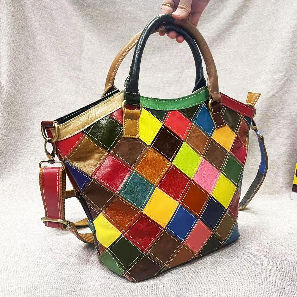 Borsa da Donna in Pelle Retro Wind Pelle Colorata Rombi Giuntati Borsa a Mano in Pelle di Mucca Borsa a Tracolla Borsa