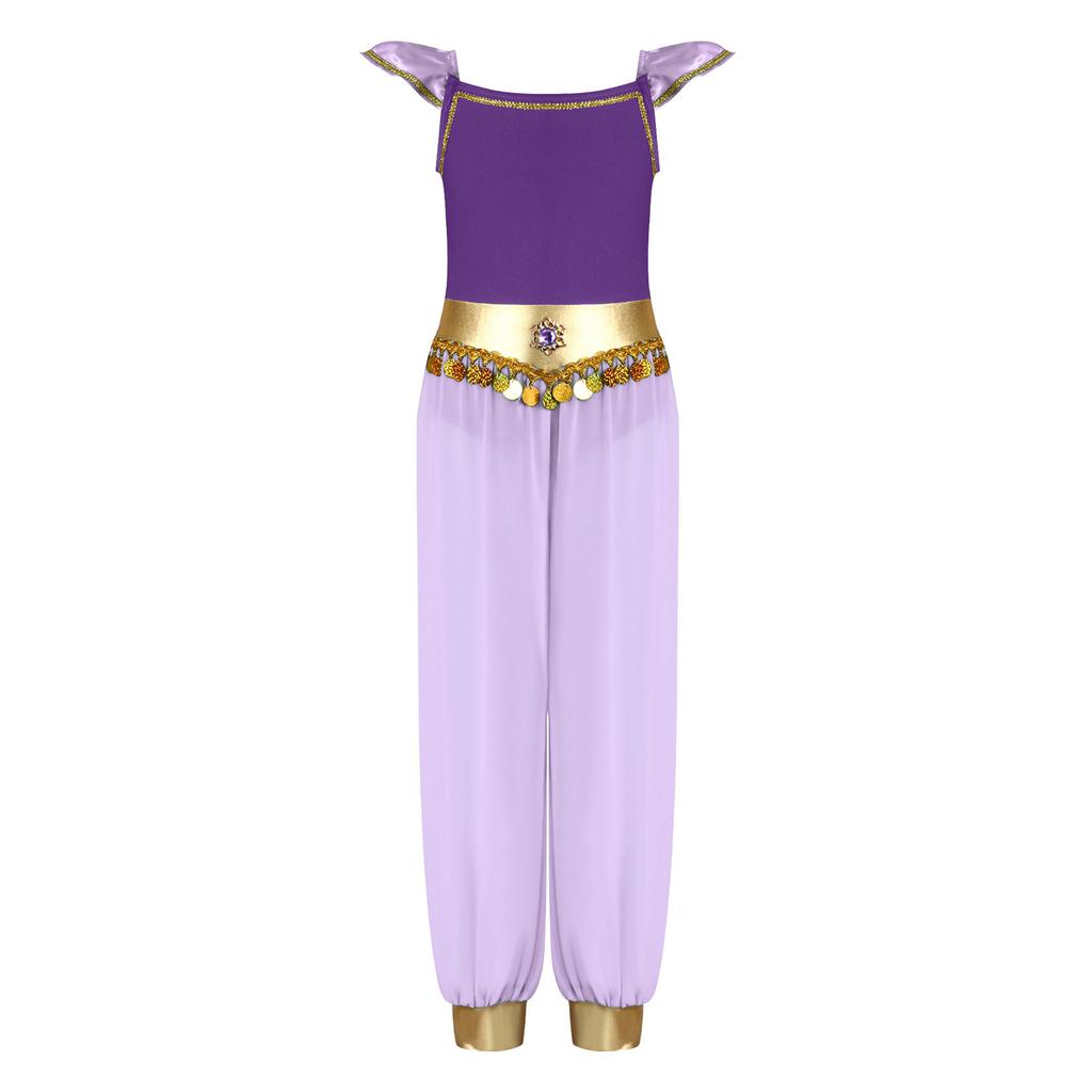 Girl Arabian Princess Costume Patchwork Flying Sleeves Rhinestone Sequins Tassels Side Slit Chiffon Pants