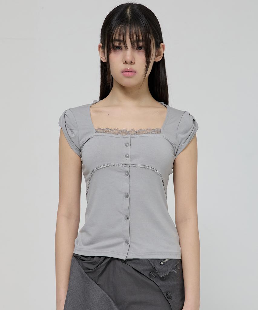 Peulleeoeob Lace Sleeve Top (Fl-112_Gray)