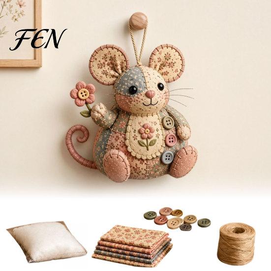 Proyecto de Costura con Tela Floral Patchwork Ratón Kit DIY, Set de Manualidades Hecho a Mano con Tela, Relleno y Botones Lindos de Decoración de Peluche, Adorno Relleno