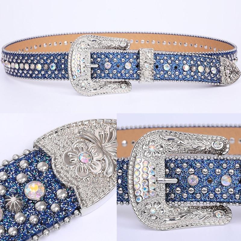 Rhinestones Studded Western Leather Belt Bling Waist Belts for Dresses Pants