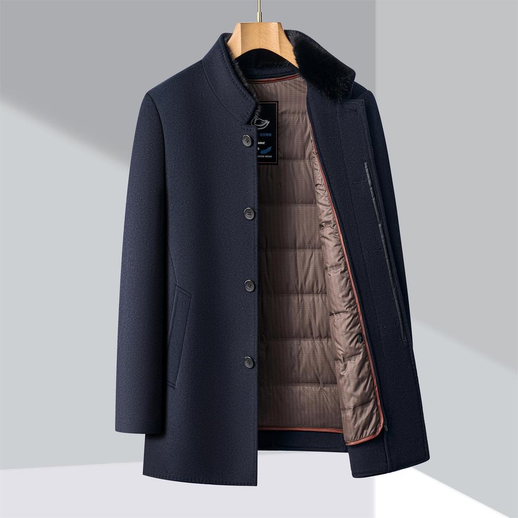 Men's Double-Faced Wool Coat with Detachable Down Lining, Wool Blend, Stand and Fur Collars, for Middle-Aged and Elderly.