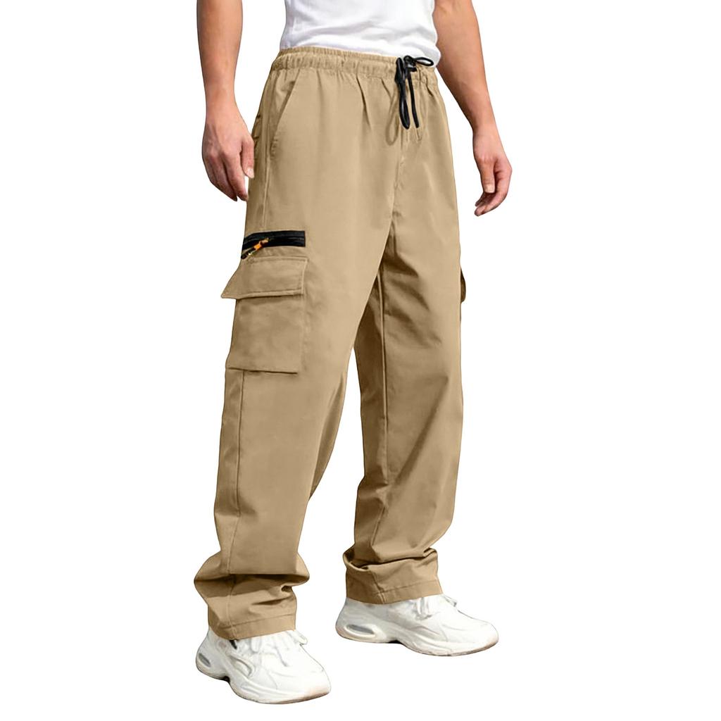 Men's Multi Pocket Work Pants Casual Loose Fit Utility Trousers with Drawstring Waist Durable Material for Daily Wear