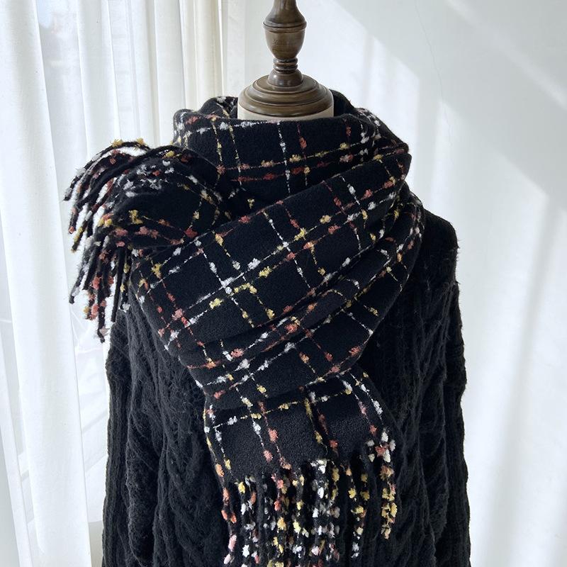 

Женский винтажный клетчатый шарф - Теплая шаль из искусственной овчины с бахромой, бежево-коричневый полосатый узор, идеально подходит для осени/зимы