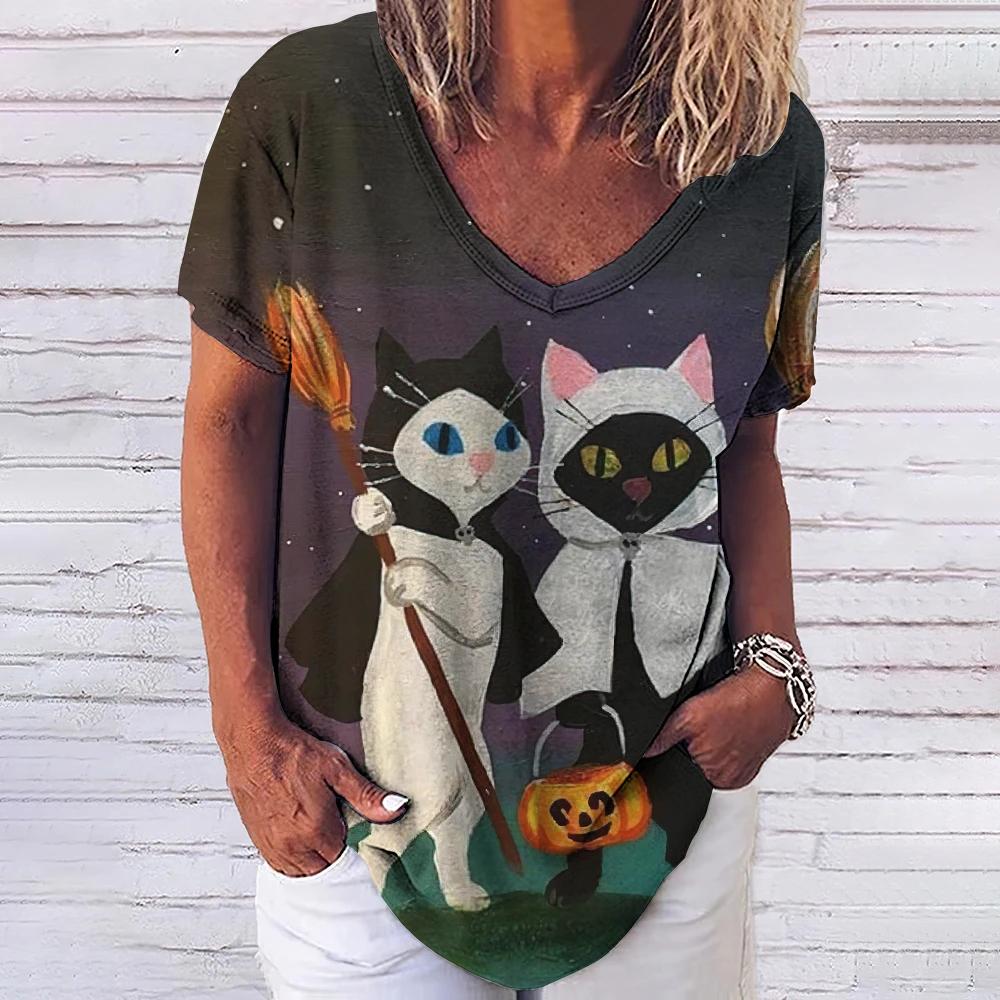 Women's T-shirt 3D Fashionable Cat Print V-neck Short Sleeved Basic Top Street Wear Summer Casual Loose Fitting Women's Clothing