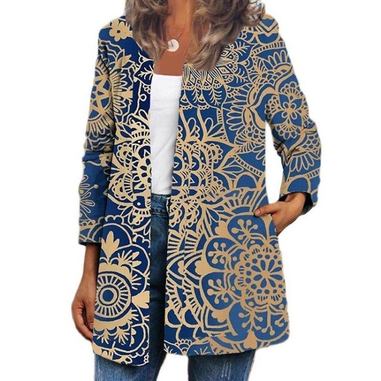Vintage Floral Printed Tunic Jacket Women Autumn Winter Long Sleeve Loose Chic Top Coat Ladies Outerwear