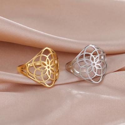 Women Filigree Flower Ring Stainless Steel Gold Elegant Finger Rings Bohemian Jewelry Wedding Band Gift In