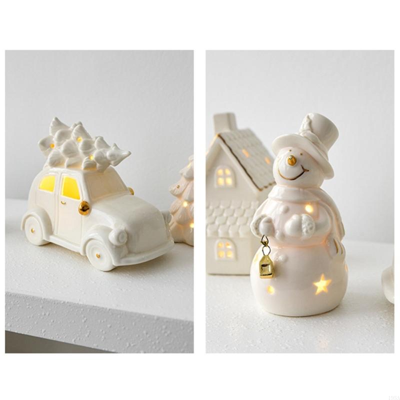 Miniature Ceramic Christmas Tree Snowman Car Sculpture With Cutout and LED Lighted for Home Office Desktop Shelf Decors