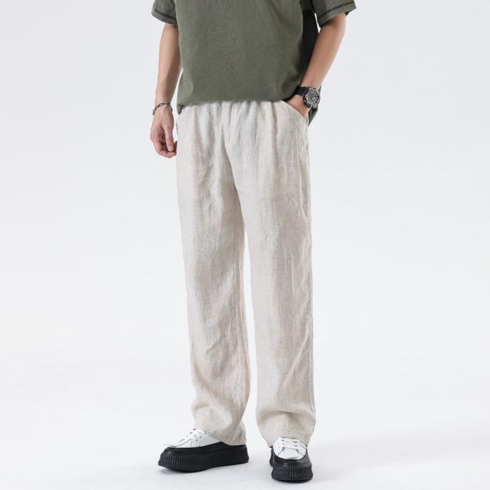 New Trendy Brand Cotton and Linen Casual Pants Men's Summer Fashion Loose and Versatile Straight Trousers Apricot