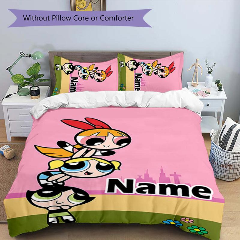 3pcs The Powerpuff Girls9 Cover Set - Personalized Name, HD Printed Bedding with 1 Cover and 2 Pillowcases - Perfect for Home Decor, Easy Care